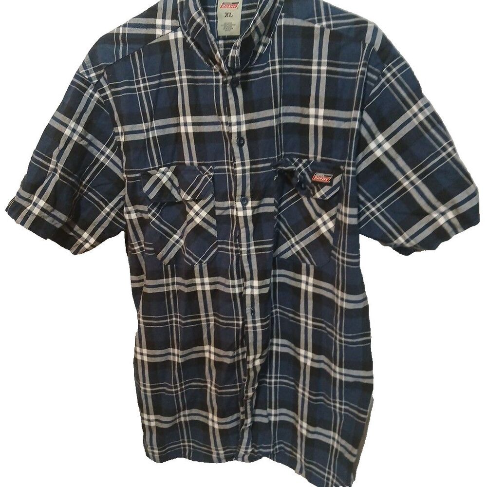 Dickies Genuine Men’s Button Front Shirt Sz XL Blue Plaid Short Sleeves